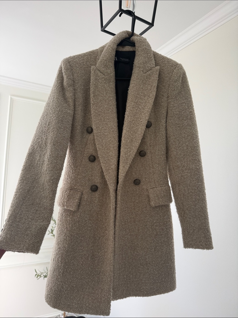 Zara Taupe Textured Double-Breasted Pea Coat